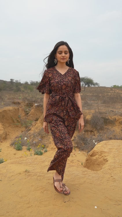 Black Kalamkari Printed Frilled Sleeve Cotton Co-ord Set